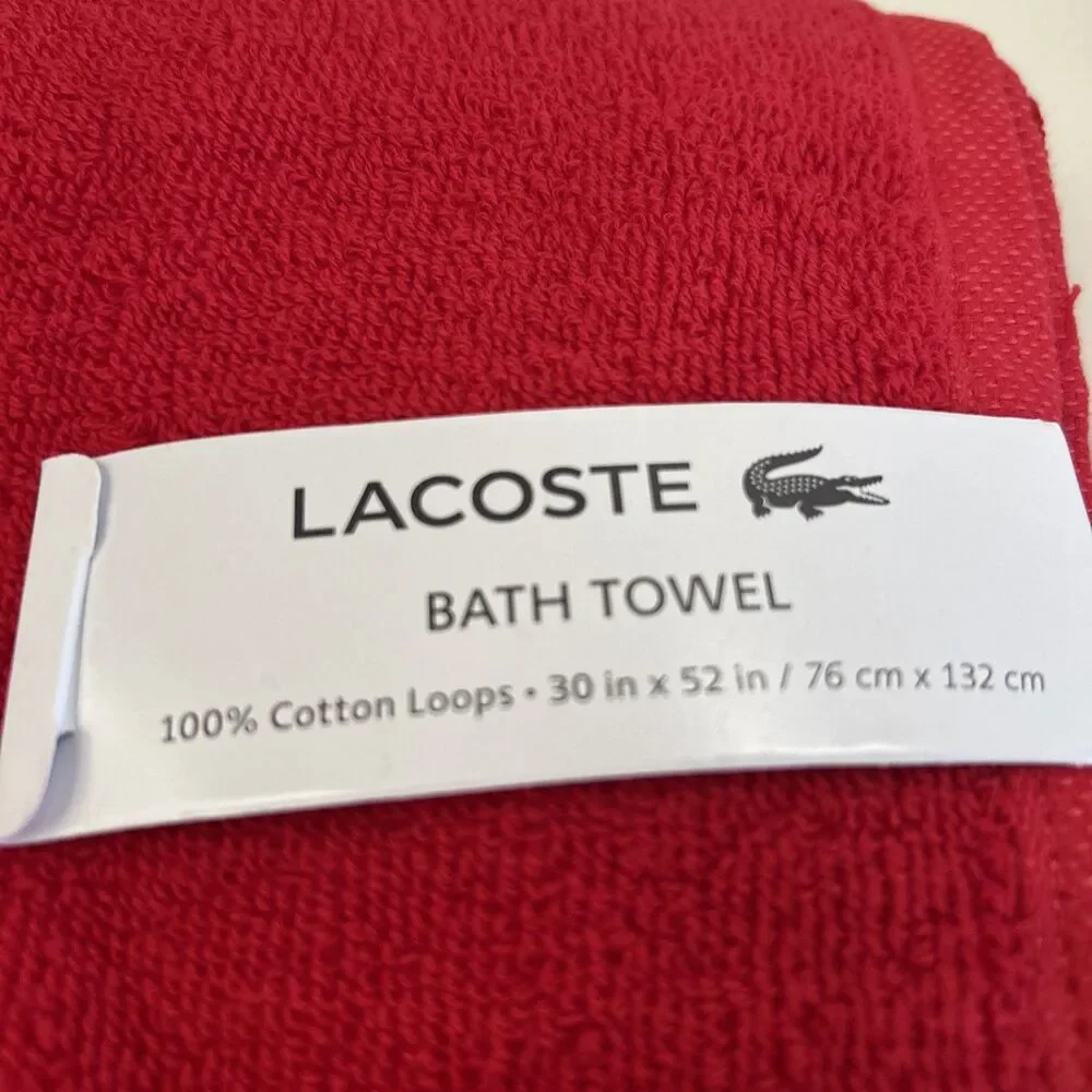 Two Lacoste Bath Towel Color Block Red Big Croc Logo 100% Cotton 30”x 52”